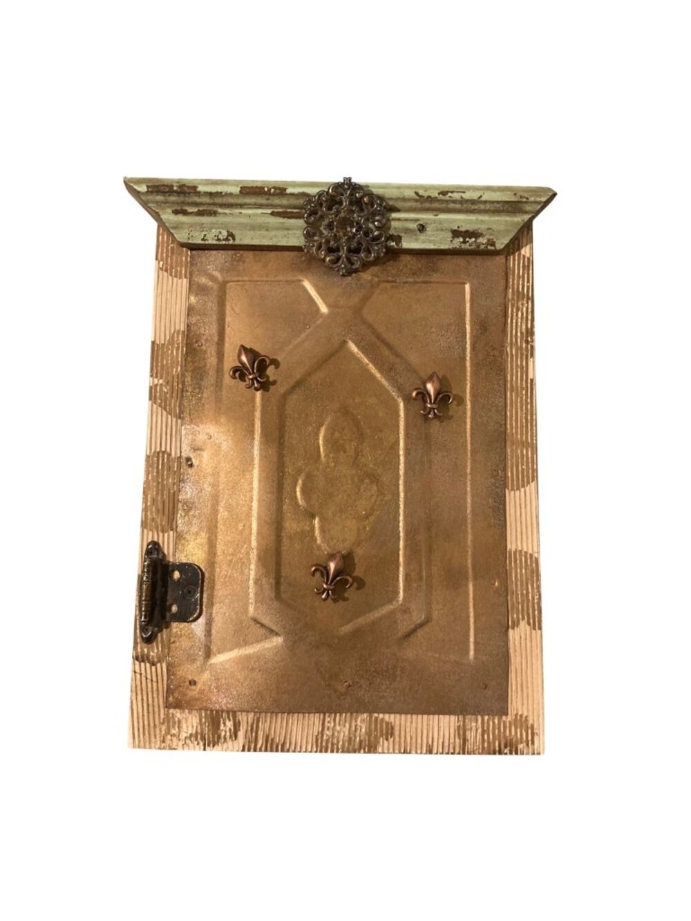 Vintage Wood And Metal Distressed Wall Magnet Board With 3 Fleur-De-Lis Magnets